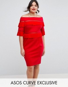 Платье с открытыми плечами, складками и оборками ASOS CURVE - Красный
