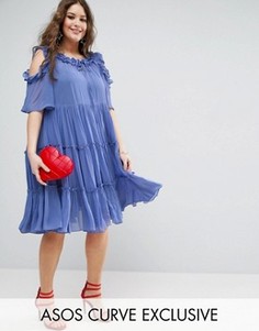 Свободное ярусное платье из тюля с оборками ASOS CURVE Premium - Синий