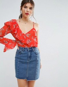 Блузка на одно плечо с оборкой и ярким цветочным принтом ASOS - Оранжевый