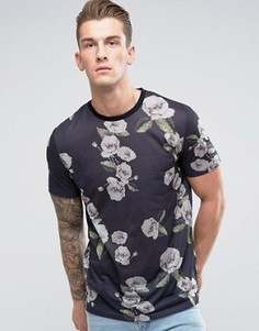 Длинная футболка с пиксельным цветочным принтом ASOS - Черный