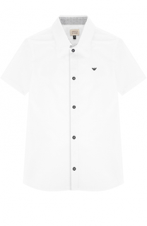 Хлопковая рубашка с логотипом бренда и коротким рукавом Giorgio Armani