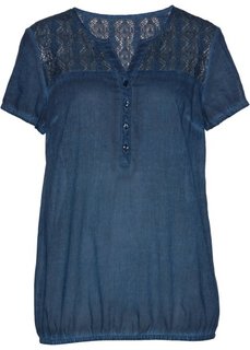 Блузка с кружевной отделкой и коротким рукавом (темно-синий) Bonprix
