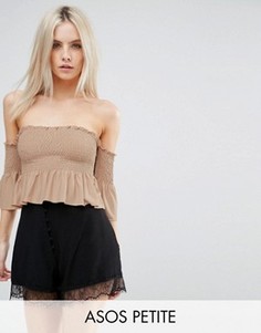 Топ с открытыми плечами и присборенной оборкой ASOS PETITE - Бежевый