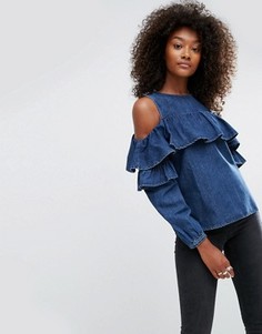 Синий топ с оборками и вырезами на плечах ASOS - Синий