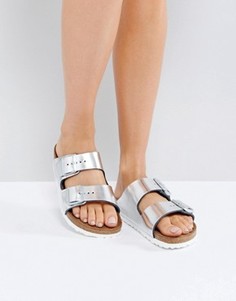 Серебристые кожаные сандалии цвета металлик Birkenstock Arizona - Серебряный