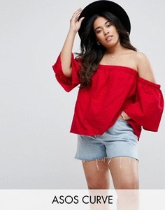 Топ с открытыми плечами, вышивкой ришелье и расклешенными рукавами ASOS CURVE - Красный