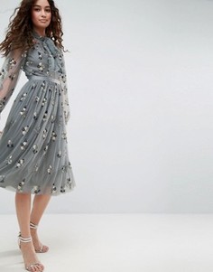 Платье с завязкой, длинными рукавами и цветочной отделкой Needle &amp; Thread - Синий
