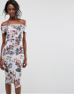 Платье миди с открытыми плечами и цветочным принтом Boohoo - Мульти