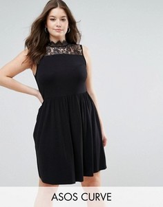 Короткое приталенное платье с высоким воротом и кружевными вставками ASOS CURVE - Черный