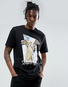Длинная футболка с закругленным краем и абстрактным принтом New York ASOS - Черный