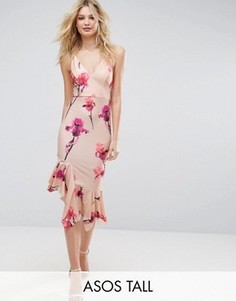 Платье миди из крепа с цветочным принтом и асимметричным краем ASOS TALL - Розовый