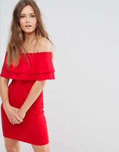 Облегающее платье с оборкой и широким вырезом New Look - Красный