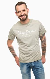 Серая хлопковая футболка с принтом Pepe Jeans