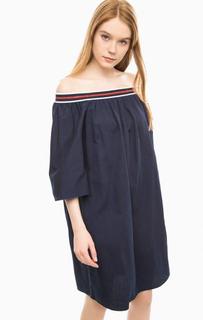 Синее платье из хлопка с открытыми плечами Fornarina