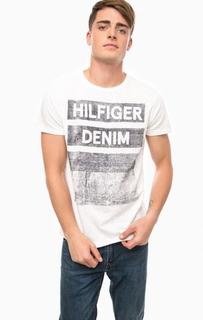 Белая хлопковая футболка с принтом Hilfiger Denim