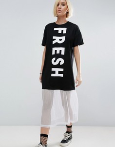 Платье-футболка с сетчатой вставкой внизу и принтом Fresh ASOS - Черный