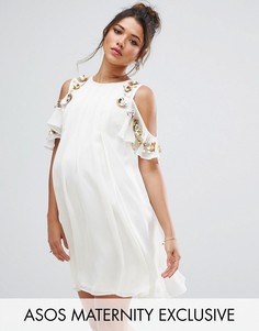 Платье мини с открытыми плечами и отделкой ASOS Maternity - Кремовый
