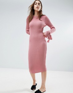 Трикотажное платье в рубчик с узелками на манжетах ASOS - Розовый