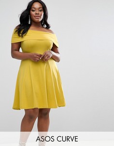 Короткое приталенное платье с широким вырезом ASOS CURVE - Желтый