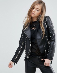 Кожаная байкерская куртка со стеганой отделкой и заклепками ASOS Ultimate - Черный