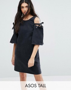 Джинсовое цельнокройное платье с открытыми плечами и бантами ASOS TALL - Черный