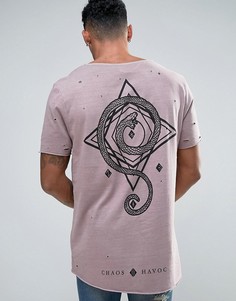 Длинная футболка с принтом на спине и рваной отделкой ASOS - Коричневый