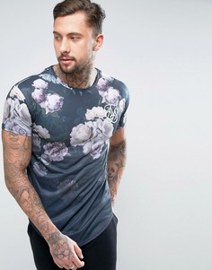 Футболка с асимметричным подолом и цветочным принтом SikSilk - Черный