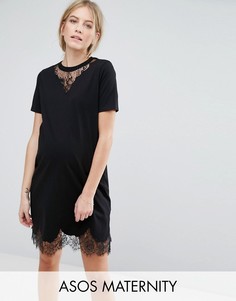 Платье-футболка с кружевными вставками ASOS Maternity - Черный