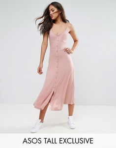 Приталенное платье миди в рубчик на пуговицах с чашечками ASOS TALL - Розовый
