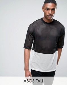 Монохромная сетчатая oversize-футболка с рукавами до локтя ASOS TALL - Черный