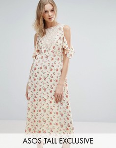 Чайное платье с открытыми плечами и кружевной вставкой ASOS TALL - Мульти