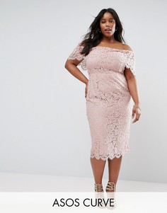 Кружевное платье-футляр миди со спущенными плечами ASOS CURVE - Розовый