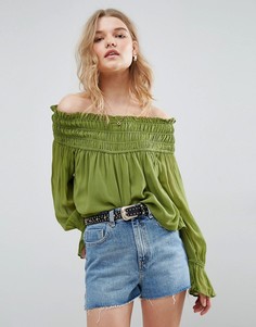Топ с открытыми плечами и присборенной отделкой ASOS - Зеленый