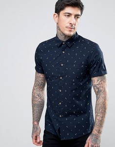 Темно-синяя приталенная рубашка с принтом якорей ASOS - Темно-синий