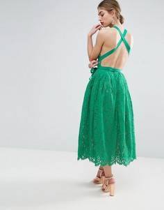 Кружевное платье миди для выпускного с пышной юбкой и открытой спиной ASOS SALON - Зеленый