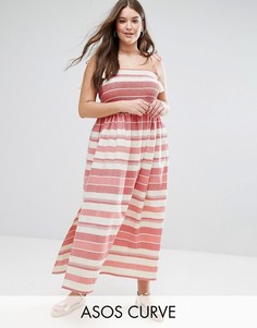 Платье макси в полоску со сборками и помпонами ASOS CURVE - Мульти