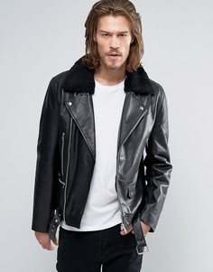 Байкерская кожаная куртка с воротником из искусственного меха ASOS - Черный