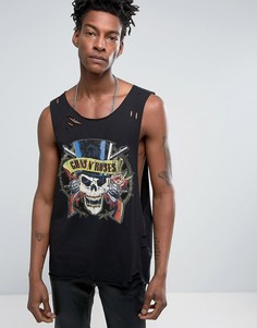 Рваная футболка без рукавов с заниженными проймами и принтом Guns N Roses ASOS - Черный
