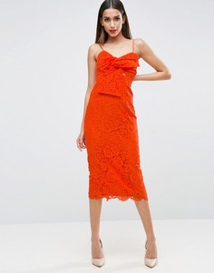 Кружевное платье-футляр миди с бантом на груди ASOS - Розовый