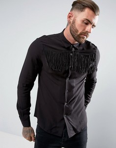Рубашка классического кроя из искусственной замши с бахромой на кокетке ASOS - Черный
