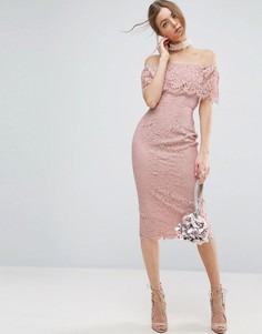 Кружевное облегающее платье миди с открытыми плечами ASOS - Розовый