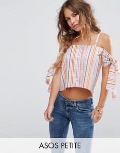 Топ из жатой ткани в разноцветную клеточку с открытыми плечами ASOS PETITE - Мульти