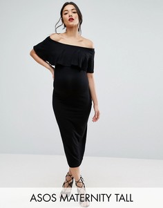 Платье-футляр миди для беременных с оборкой ASOS Maternity TALL - Черный