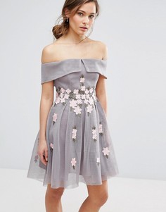 Приталенное платье с открытыми плечами и цветочной аппликацией New Look - Серый