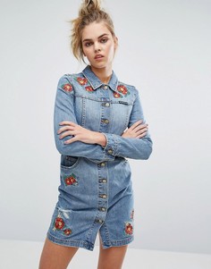 Джинсовое платье на пуговицах с цветочной вышивкой House of Holland X Lee - Синий
