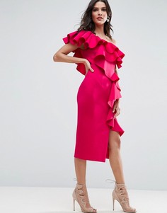 Платье миди на одно плечо с оборками ASOS PREMIUM - Розовый
