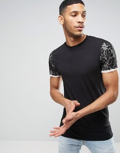 Удлиненная обтягивающая футболка с кружевными рукавами ASOS - Черный