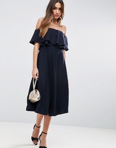 Платье миди для выпускного со спущенными плечами ASOS - Темно-синий
