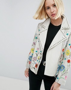 Кожаная байкерская куртка с цветочной вышивкой ASOS - Белый