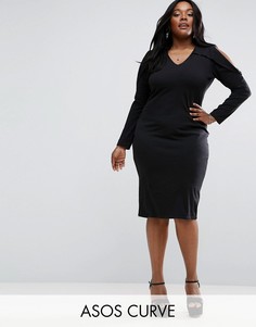 Облегающее платье с длинными рукавами и вырезами на плечах ASOS CURVE - Черный